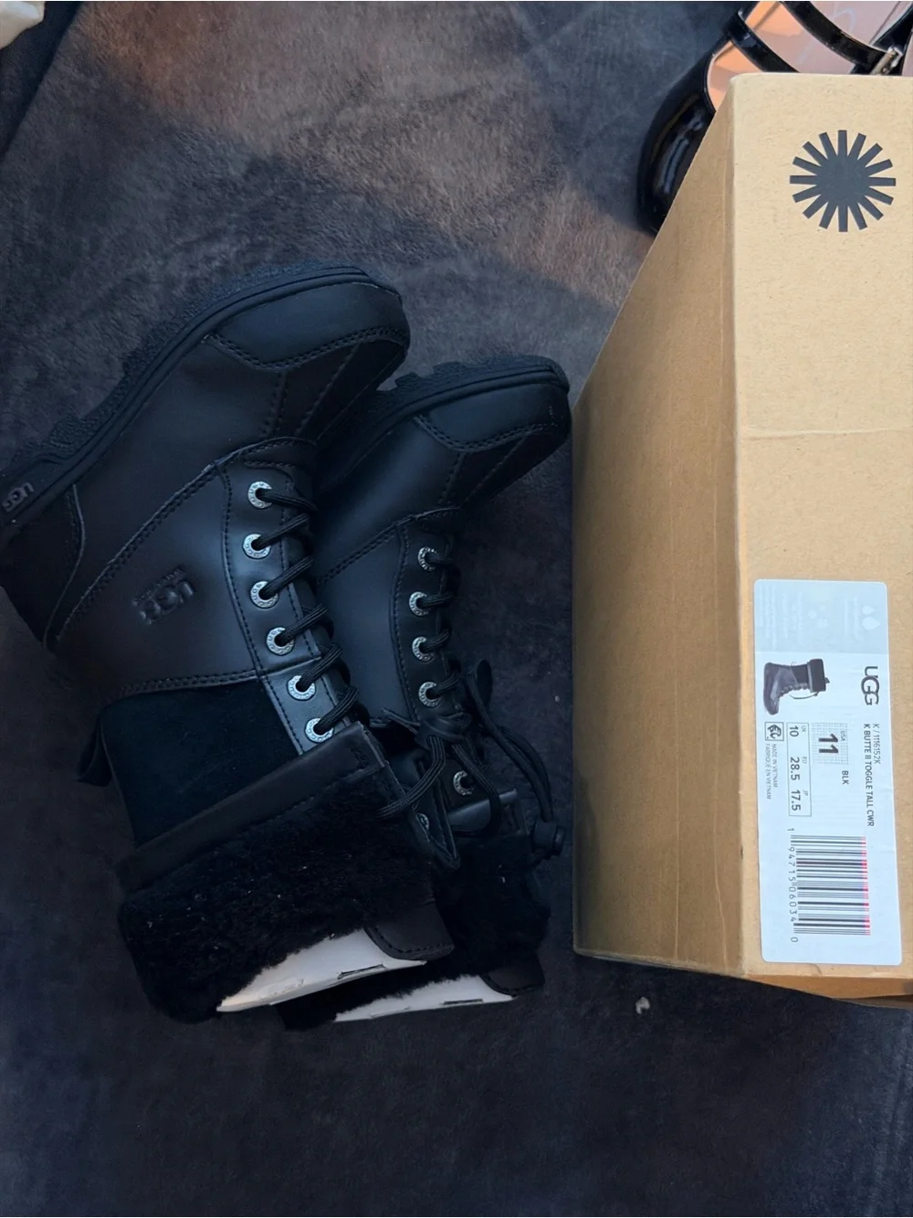 UGG Kids Black Lace-Up Fleece-Trim Zip Boot